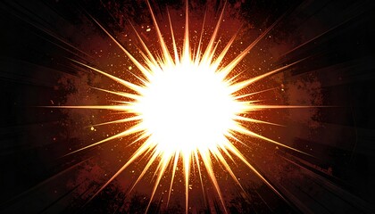 A bright, central explosion with radiating light bursts on a dark, textured backdrop
