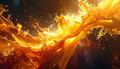 A vibrant, golden liquid erupts in a dynamic splash against a dark, cosmic backdrop