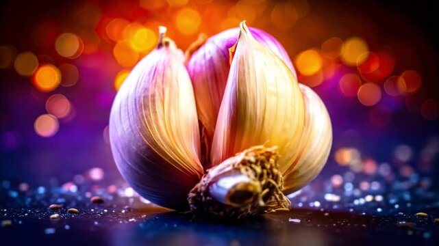 Close up of garlic bulb and cloves with artistic lighting and bokeh effect