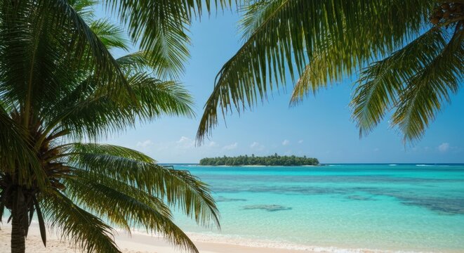 Lush palm fronds frame a tropical beach, island, and clear, turquoise water