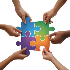 Diverse hands assembling colorful puzzle pieces together isolated on a transparent background people