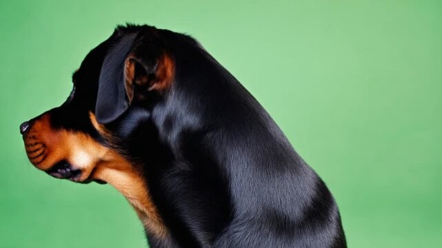 Close up portrait of a rottweiler dog with a green background looking to the side calmly and attentively dog green screen video