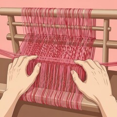 Close-up of hands skillfully weaving colorful threads on a traditional loom creating beautiful