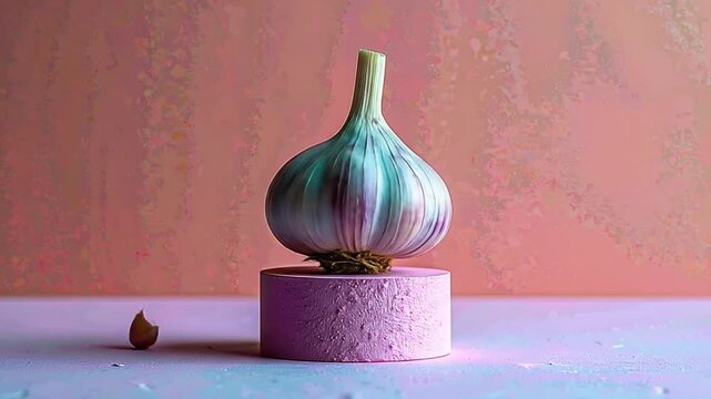 Close up of garlic bulb on a pink stand against a textured background