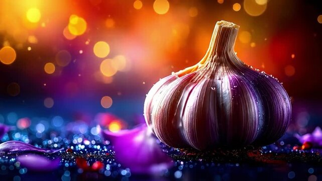 Close up of garlic bulb with abstract blurred background and soft lighting