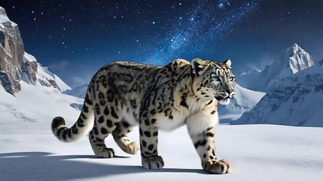 Snow leopard walking across snowy field with mountains and starry sky in the background art cat video