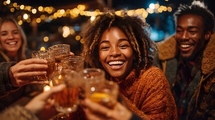 Diverse friends toasting drinks with joyful expressions during a cozy outdoor evening gathering
