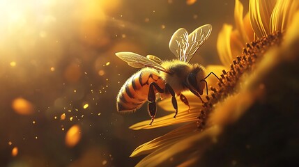 macro shot of a honeybee on a sunflower, bathed in beautiful golden sunlight, perfect for nature and summer