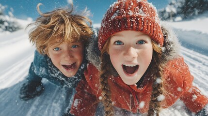 Joyful children having fun in the snow, winter playtime, happy siblings, outdoor adventure.