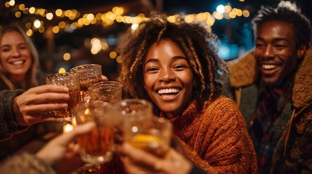 Diverse friends toasting drinks with joyful expressions during a cozy outdoor evening gathering