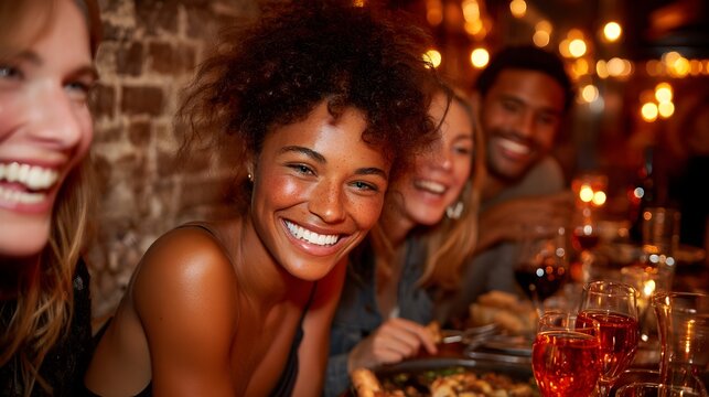 Diverse friends enjoying a lively dinner together, warm lighting, celebration, and joyful connection.