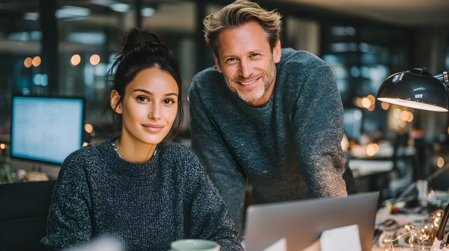 Diverse office coworkers smiling confidently at camera, modern workspace, teamwork, collaboration, positive business concept - Powered by Adobe
