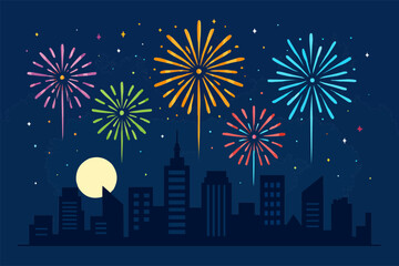 Fototapeta premium Fireworks Over City Skyline New Year Vector