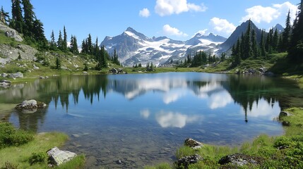 breathtaking view of a pristine alpine mountain lake with mirrored reflections of snow-capped peaks and a vibrant blue sky. Perfect for nature, travel, or tranquility