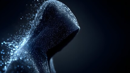 Mysterious hooded figure dissolving into digital particles on dark background.