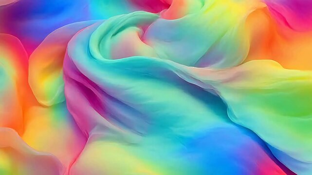 Vibrant rainbow silk fabric flowing and swirling in a captivating display of color and texture