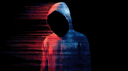 Mysterious hooded figure with digital glitch effect in dark setting.