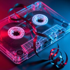 Vibrant Neon Retro Cassette Tape with Unspooled Magnetic Ribbon Aesthetic Audio Memory