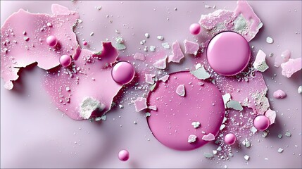 Abstract composition of pink liquid makeup swatches and broken powder fragments scattered on a soft pastel pink surface, with small pink spheres suspended in th