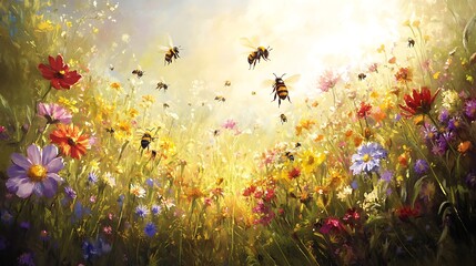 Vibrant painting of bees actively flying among a diverse field of colorful wildflowers under bright sunlight, symbolizing nature's beauty and pollination