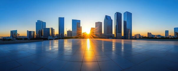 Panoramic View of Modern City Skyline at Sunset with Reflected Sunlight