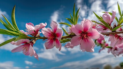 Close-up of delicate pink peach blossoms and green leaves on a branch, set against a vibrant blue sky with scattered white clouds. The lighting is bright and na