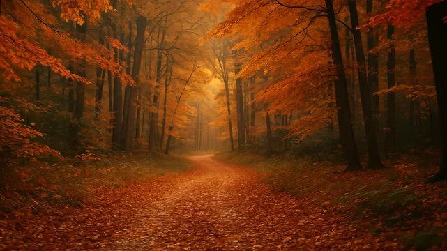 Mystical autumn forest path covered in golden orange leaves with dramatic warm lighting and fog, scenic woodland trail through vibrant fall foliage creating atmospheric perspective and tranquil mood
