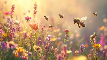 Vibrant image of honey bees active among blooming wildflowers under soft sunlight. Ideal for themes of nature, biodiversity, and sustainable living