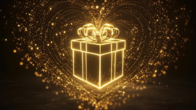 Gold Valentine Chocolate Gift Box Materializing from Glowing Particle Swirl