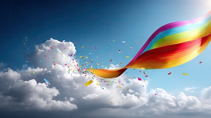 A vibrant rainbow-colored ribbon unfurls across a bright blue sky, scattering colorful confetti amidst fluffy white clouds. The scene evokes a sense of celebrat