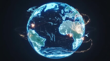 Abstract digital earth globe with glowing energy rings and data visualization - Powered by Adobe