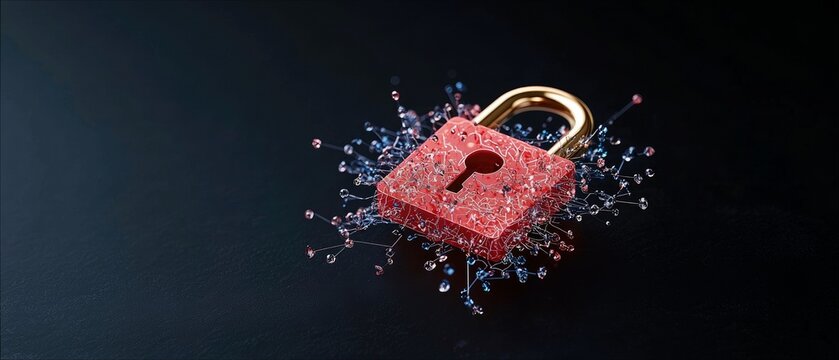 A red padlock with a golden shackle is depicted, surrounded by a glowing, abstract digital network of blue and pink nodes and connections against a dark, textur - Powered by Adobe
