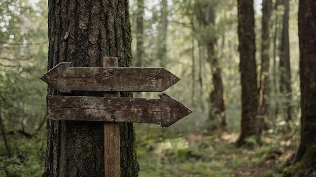 Forest Crossroads: Wooden Signpost Directing Travelers in Lush Green Woods