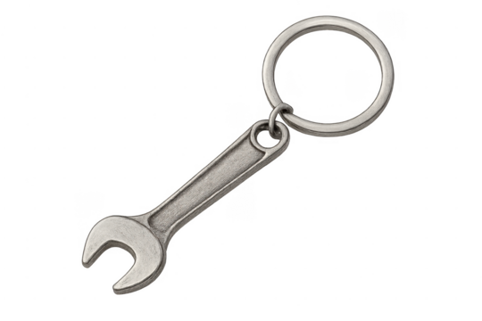 Wrench shape keyring with metal ring on transparent background