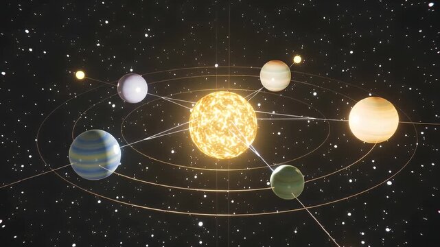 Solar system representation with planets orbiting the sun against a starfield background