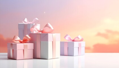 Pastel gift boxes with pink ribbons on a white surface against a dreamy sunset backdrop