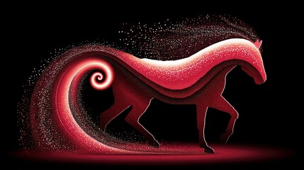 A stylized silhouette of a red horse in motion, with its mane and tail dissolving into swirling red particles and a glowing spiral effect against a dark backgro