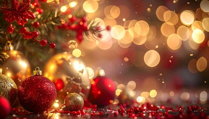 Festive close-up with gold, red ornaments, shimmering lights, and holiday greenery