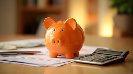 Orange Piggy Bank on Desk with Calculator and Papers.