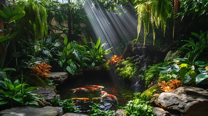 Serene indoor garden with a koi fish pond, gentle waterfall, sun rays, and lush tropical plants, ideal for nature-themed designs