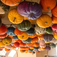 Colorful Pumpkins Hanging from Ceiling - A Festive Autumn Display.