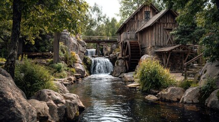 Picturesque landscape with a historic grist mill a waterfall a stream and lush greenery