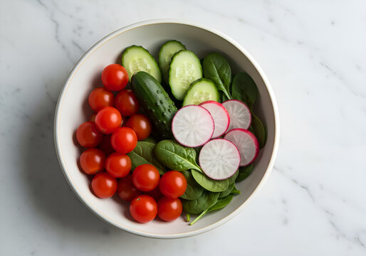 Overhead flat lay of a white bowl filled with fresh salad ingredients: cherry tomatoes, sliced cucumbers, sliced radishes, and baby spinach leaves.