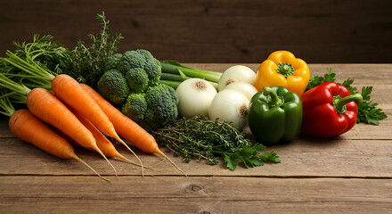 A rustic composition of fresh, raw vegetables arranged on a weathered wooden table against a dark wood background.