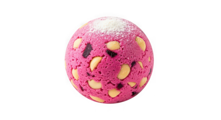 Festive pink egg shaped dessert with nuts and powdered sugar