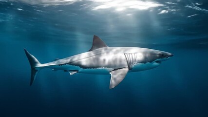 Great White Shark Majesty Underwater Predator Gliding in Deep Blue Sea.