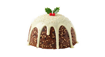 Traditional christmas pudding with white icing and holly decoration