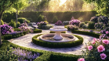 picturesque garden featuring a classical stone fountain, surrounded by vibrant pink roses and purple lavender under golden sunlight