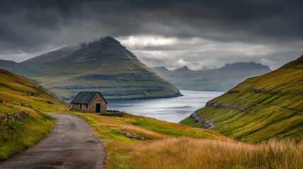 Vast green landscape with rolling hills and rugged terrain under dramatic cloudy sky in the faroe islands, showcasing serene natural beauty and untouched scenic vistas