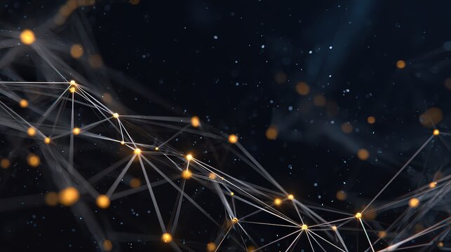 Abstract Digital Network Structure With Glowing Nodes and Connecting Lines on Dark Blue Background